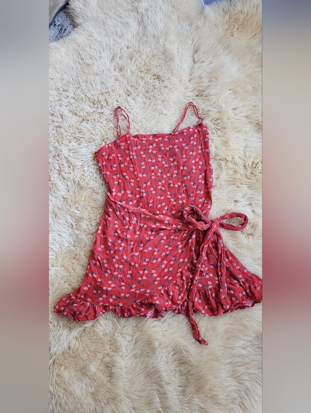 Free People Red Floral Midi Slip Dress with Tie Waist